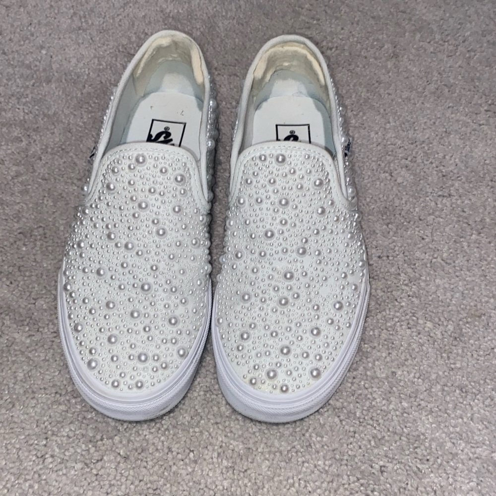 Vans White Pearl-Embellished Slip-On Sneakers
